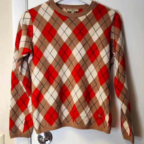 Burberry Vintage 100% Wool Argyle Pullover Sweater In Tan, Red and White Size L - Picture 2 of 10